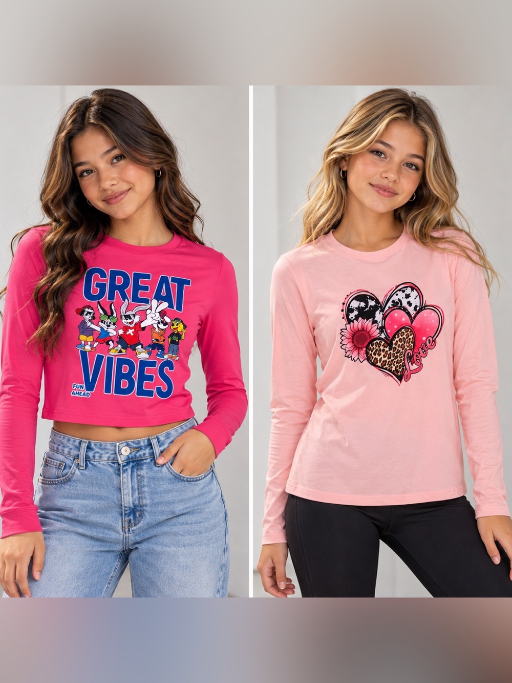 SHEIN Girls' Long Sleeve Graphic Tees - Hot Pink & Light Pink